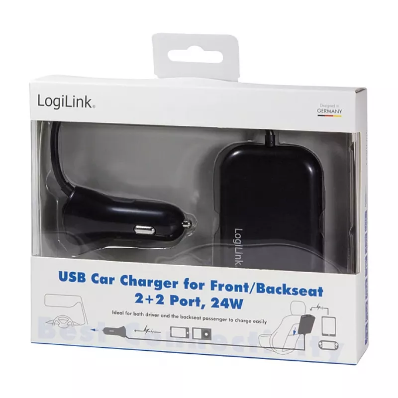 Logilink USB Car Charger, 2+2 Port, 24W, black