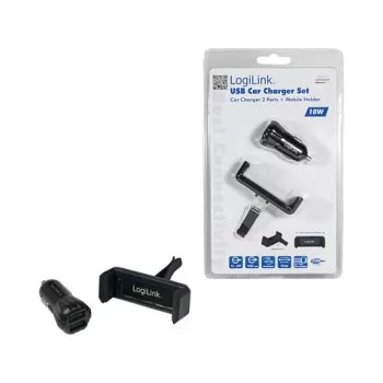 LogiLink USB Car Charger Set, 2-Port Charger + Holder