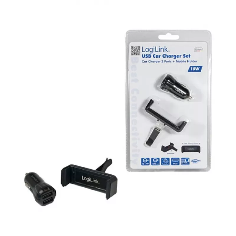 LogiLink USB Car Charger Set, 2-Port Charger + Holder