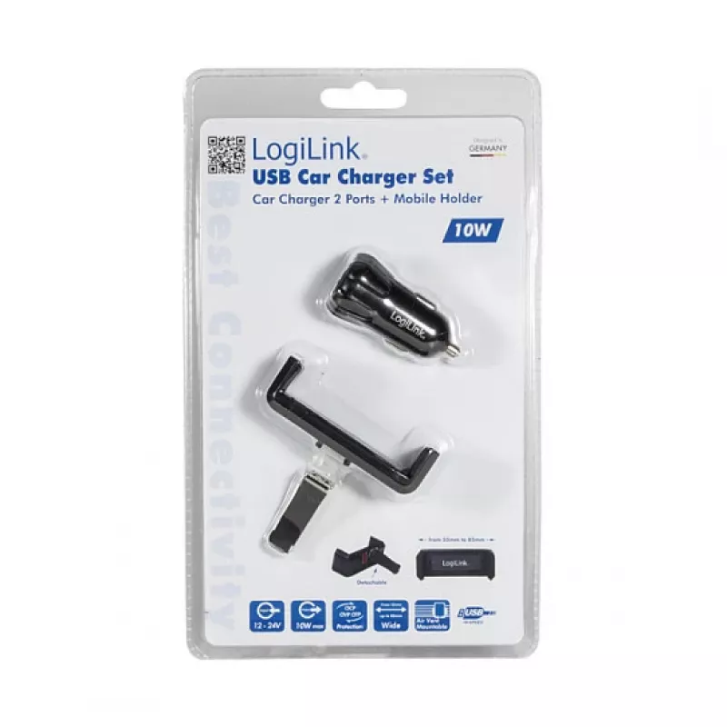 LogiLink USB Car Charger Set, 2-Port Charger + Holder
