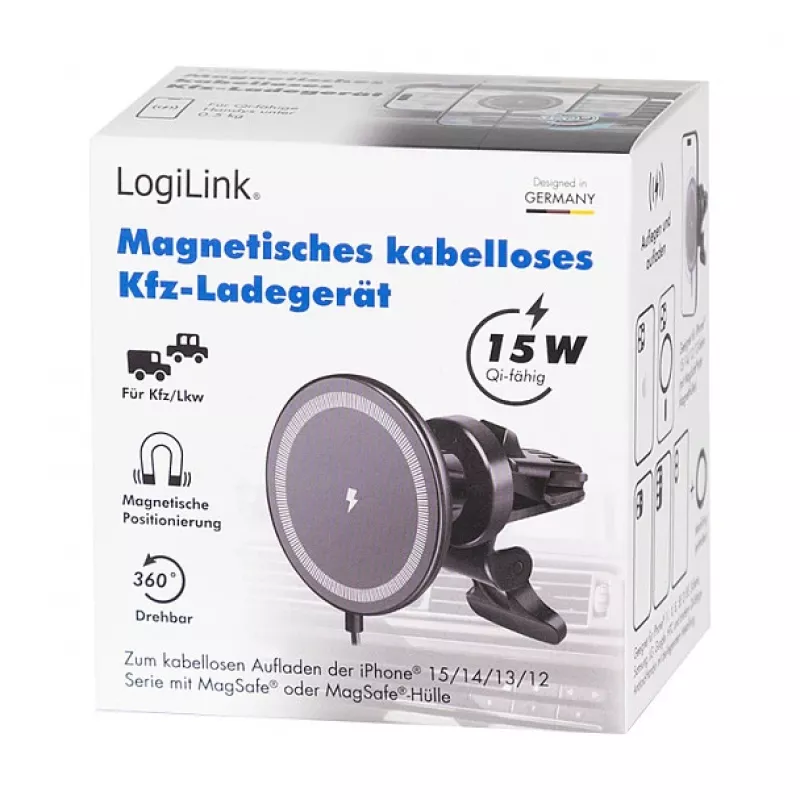 LogiLink Wireless Car Charger with Smartphone Mount 15W, Round Shape, Qi, Automatic Clamping, Air Vent & Suction Cup, Black