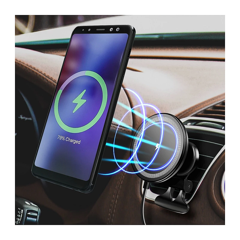 LogiLink Wireless Car Charger with Smartphone Mount 15W, Round Shape, Qi, Automatic Clamping, Air Vent & Suction Cup, Black