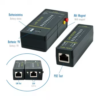 LOGILINK WZ0080 LAN Cable Tester & PoE Finder with Magnet, Flashlight, Backlit LCD, 300m Range