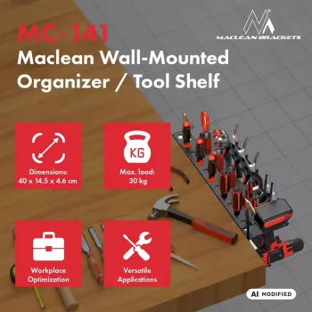 MACLEAN MC-141 Wall-Mounted Tool Organizer with 20 Bins and 11 Hooks, Black/Red, 800x400x195 mm