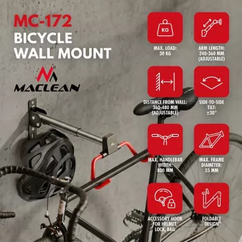 MACLEAN MC-172 Horizontal Wall-Mounted Bike Rack, Steel, 30 kg Load, Adjustable Angle, Foldable, Black