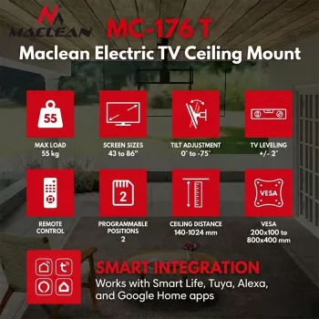Maclean MC-176 T Electric Ceiling TV Mount with Tuya Smart Control, VESA 200x200 to 800x400, for 43-86 inch TVs, 55 kg Load, Black