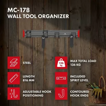 Maclean MC-178 Wall-Mounted Steel Tool Organizer, 136 kg Load, 816 mm Wide, Pegboard Panel