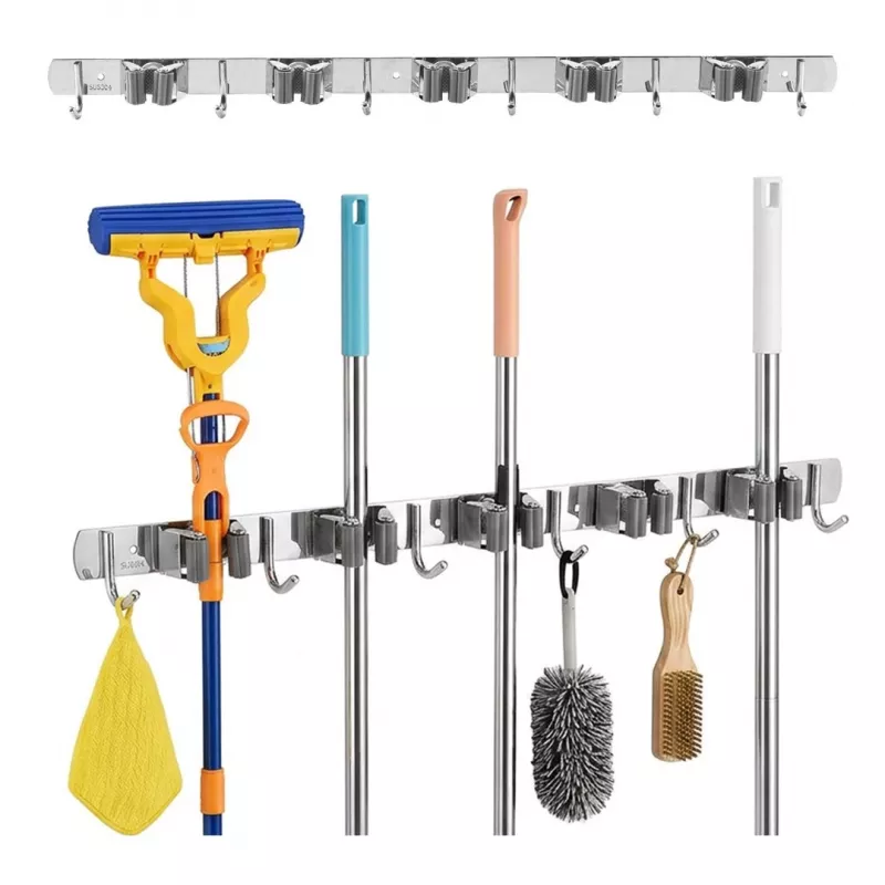 Maclean MC-185 Wall-Mounted Tool Organizer for Garden Tools and Mops, Steel, 60 cm, 20 kg Load, with Hooks