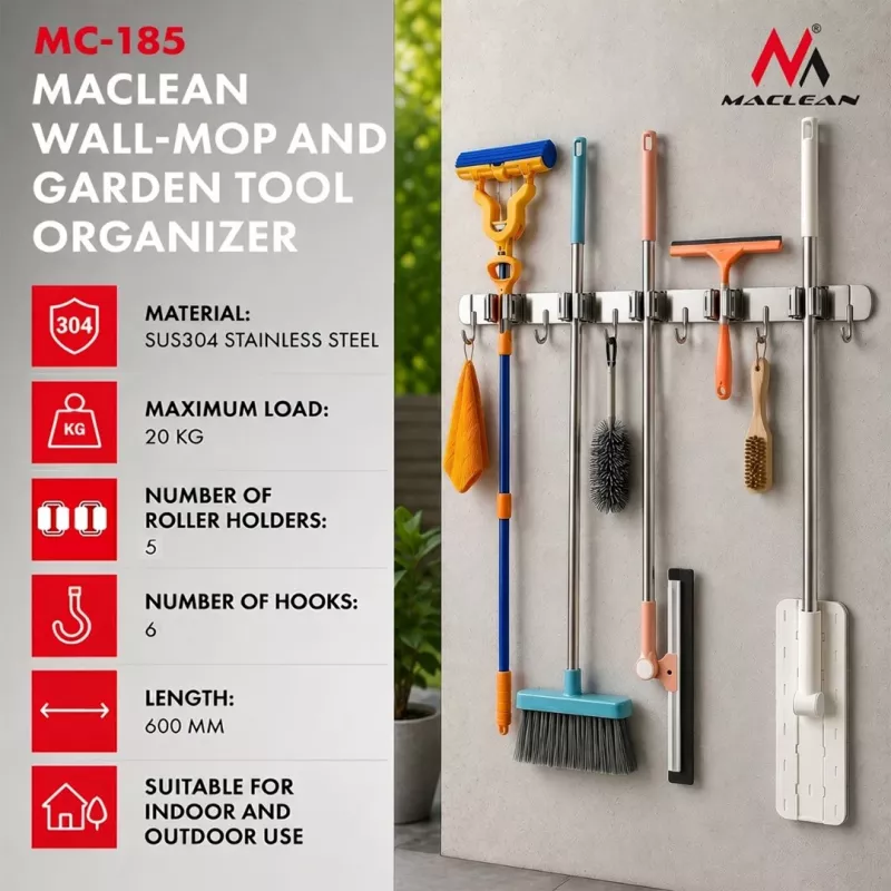 Maclean MC-185 Wall-Mounted Tool Organizer for Garden Tools and Mops, Steel, 60 cm, 20 kg Load, with Hooks