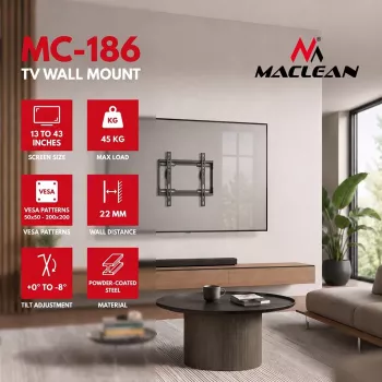 MACLEAN MC-186 Tilt TV Wall Mount for 13-43 inch Screens, VESA 200x200, 45 kg, Black