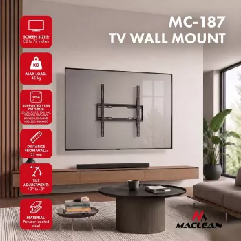 MACLEAN MC-187 Tilt TV Wall Mount for 32-75 inch Screens, VESA up to 400x400, 45 kg, Black