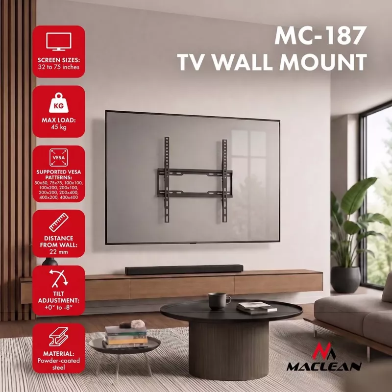 MACLEAN MC-187 Tilt TV Wall Mount for 32-75 inch Screens, VESA up to 400x400, 45 kg, Black