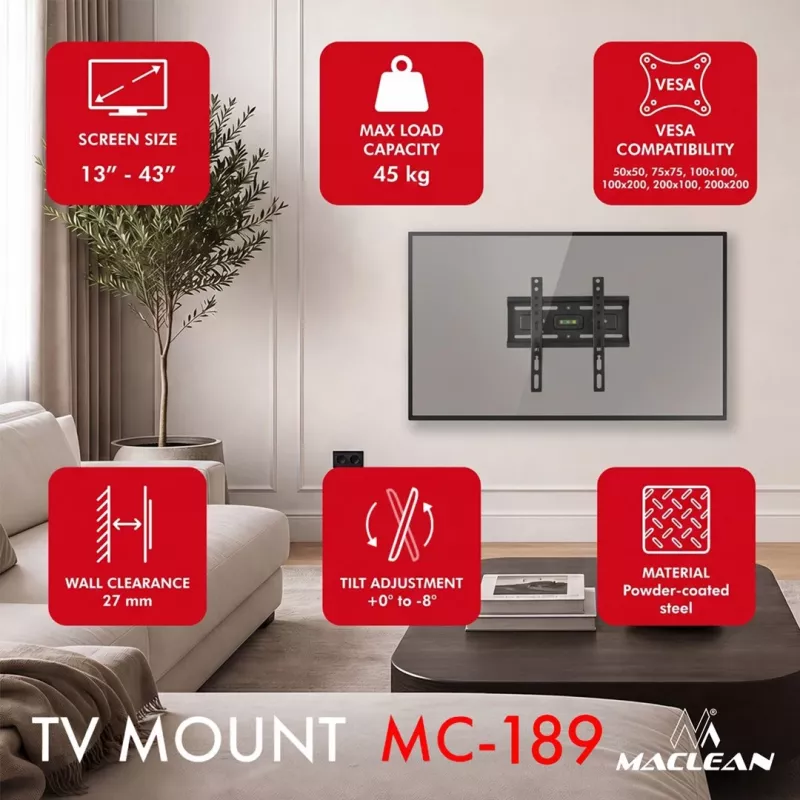 MACLEAN MC-189 Tilt TV Wall Mount for 13-43 inch Screens, VESA 200x200, 45 kg, Black