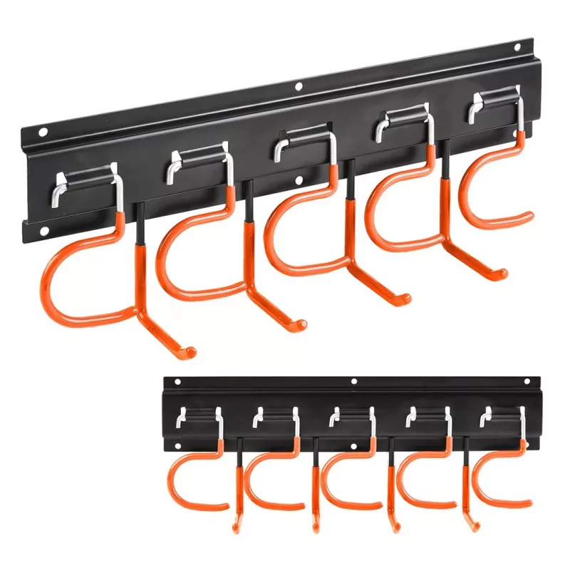 MACLEAN MC-193 Wall-Mounted Garden Tool Organizer with 5 Auto-Grip Holders and 6 Foldable Hooks, ABS Plastic, Grey/Black
