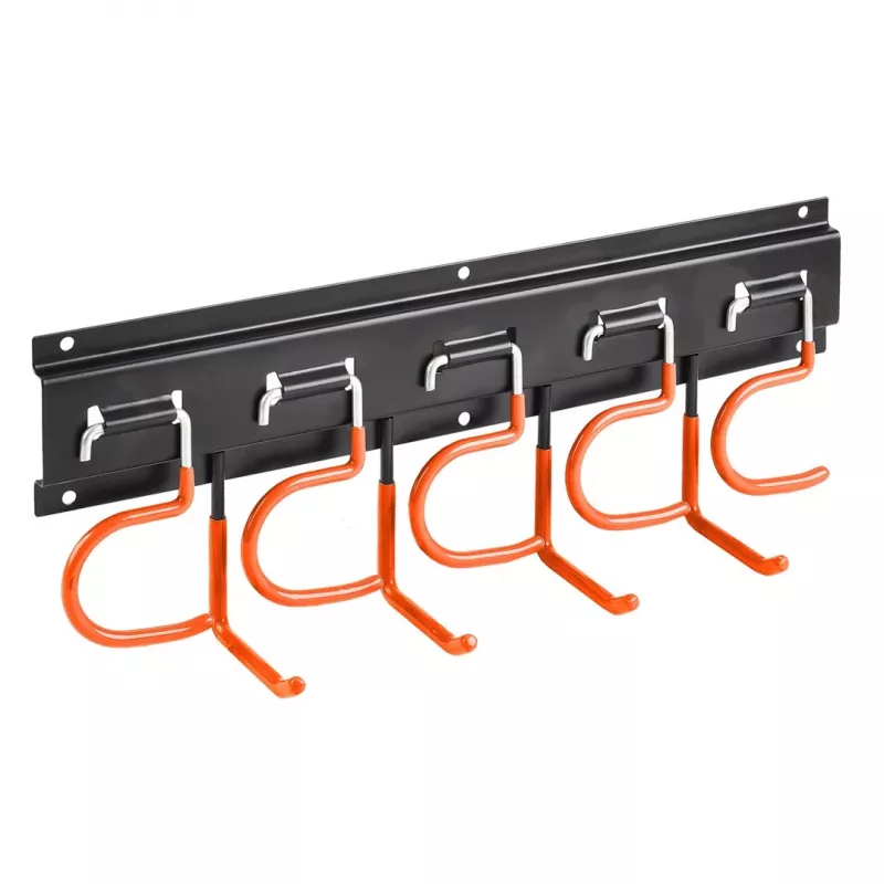 MACLEAN MC-193 Wall-Mounted Garden Tool Organizer with 5 Auto-Grip Holders and 6 Foldable Hooks, ABS Plastic, Grey/Black