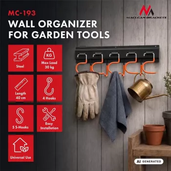 MACLEAN MC-193 Wall-Mounted Garden Tool Organizer with 5 Auto-Grip Holders and 6 Foldable Hooks, ABS Plastic, Grey/Black