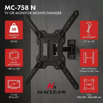 Maclean MC-758 N Fixed Wall Mount for 23-65 Inch TVs and Monitors, 30 kg, VESA 400x400, Black
