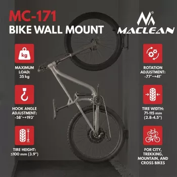 Maclean Wall-Mounted Bike Rack / Hanger, max. load 35 kg, adjustable tilt angle, steel, MC-171