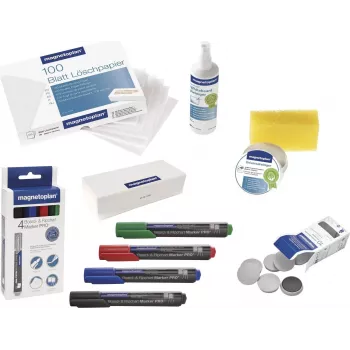 MAGNETOPLAN HOLTZ 12299 Whiteboard Accessory Set - Multicolor (Black, Blue, Green, Red) with Markers, Magnets, Eraser, Cleaning Cloth and Fluid