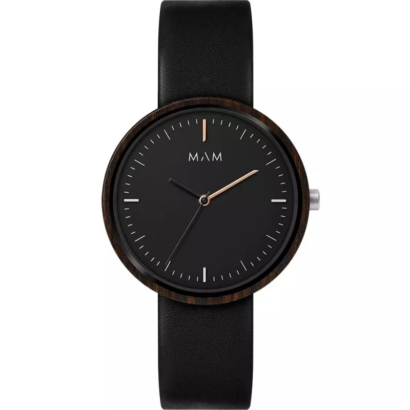 MAM MAM642 Unisex 39mm Teak Wood Watch with Black Leather Strap