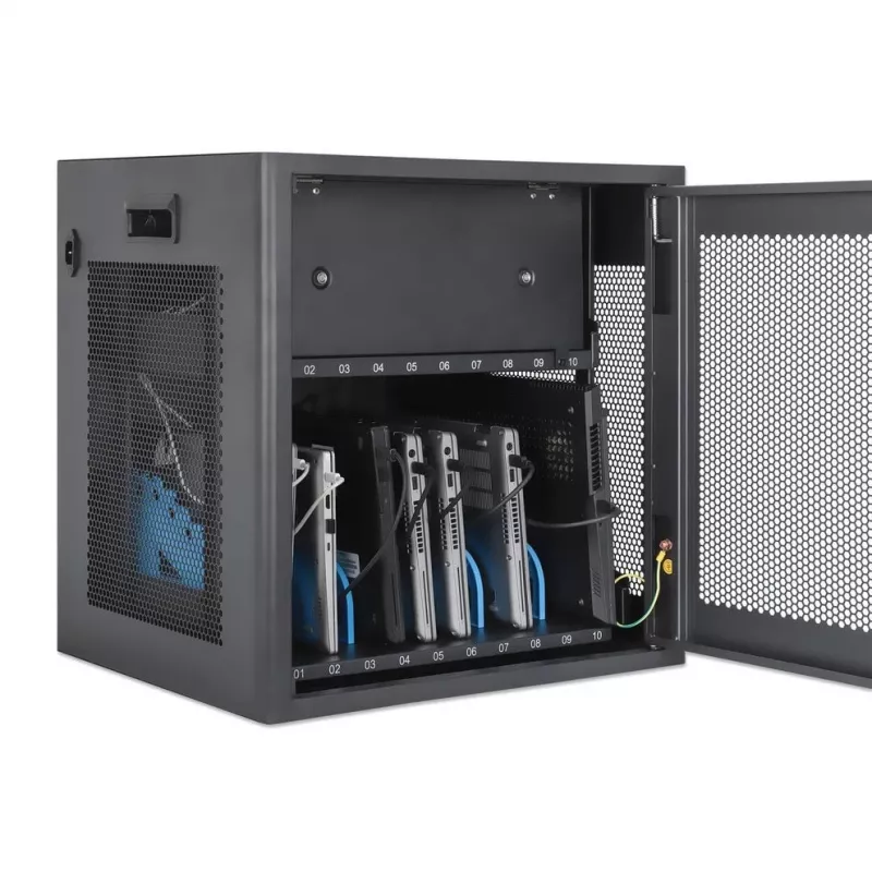 Manhattan 10-Bay Laptop Charging Cabinet Desktop via AC Adapter (EU) - Lockable Steel Cart for Laptops up to 16 inch, iPads, MacBooks, Chromebooks