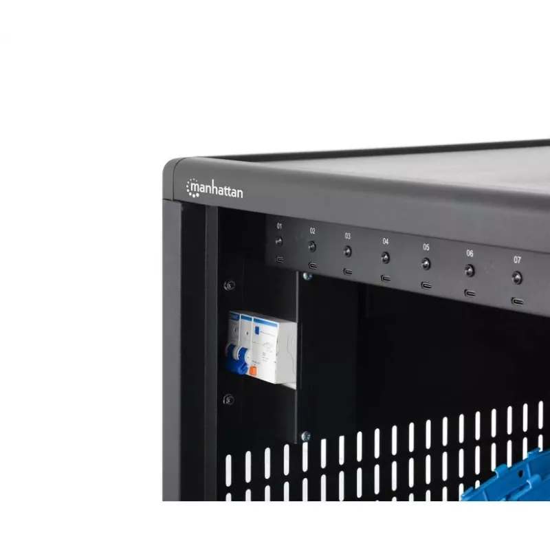 Manhattan 12-Bay USB-C Laptop Charging Cabinet on Wheels, 65W per Port, 780W Total, Steel, Black, UK & EU Cables, 395x32.5x290mm Bays