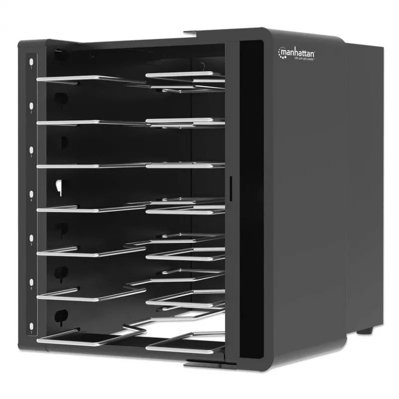 Manhattan 16-Bay USB-C Laptop Charging Cabinet, 65W per Port, Lockable Steel Cart, UK & EU Plugs