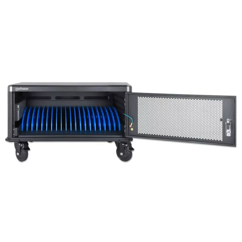 Manhattan 20-Bay Laptop Charging Cabinet with AC Adapter Storage, Lockable, Black