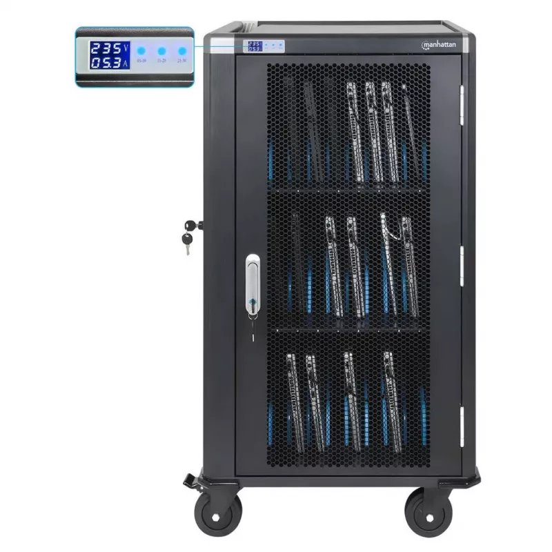 Manhattan 30-Bay Laptop Charging Cart/Trolley via AC Adapter (EU) - Lockable Steel Cabinet, 220-240V, 2300W, CEE 7/7 Plug, 3m Cord, 4 Casters