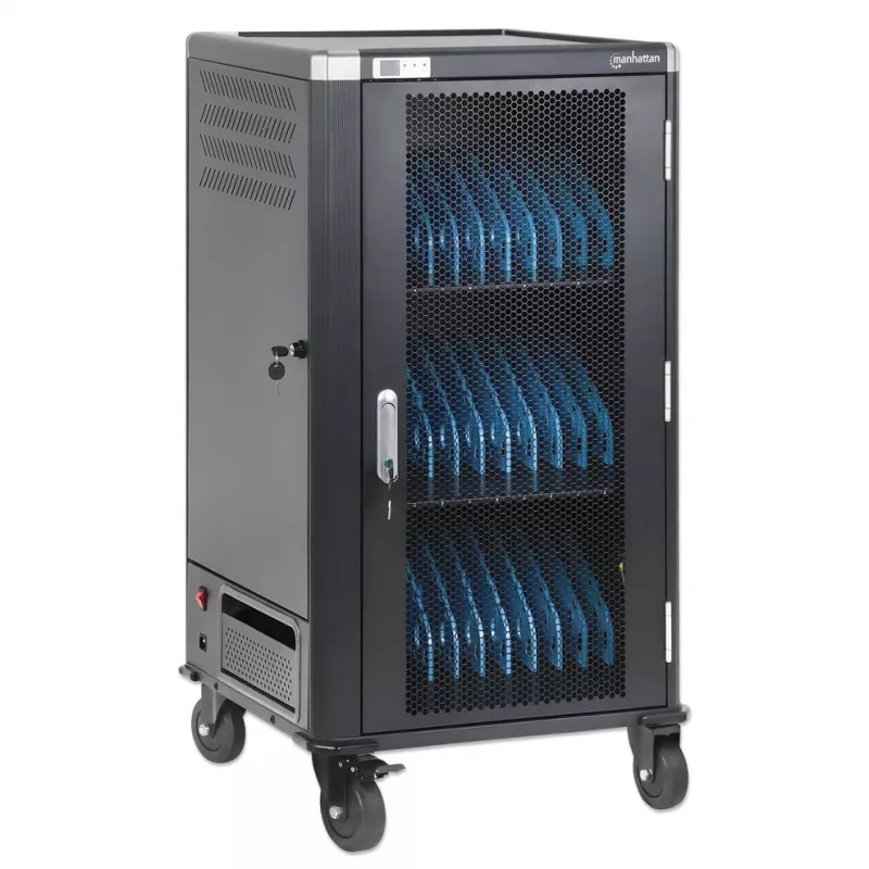 Manhattan 30-Bay Laptop Charging Cart/Trolley via AC Adapter (EU) - Lockable Steel Cabinet, 220-240V, 2300W, CEE 7/7 Plug, 3m Cord, 4 Casters