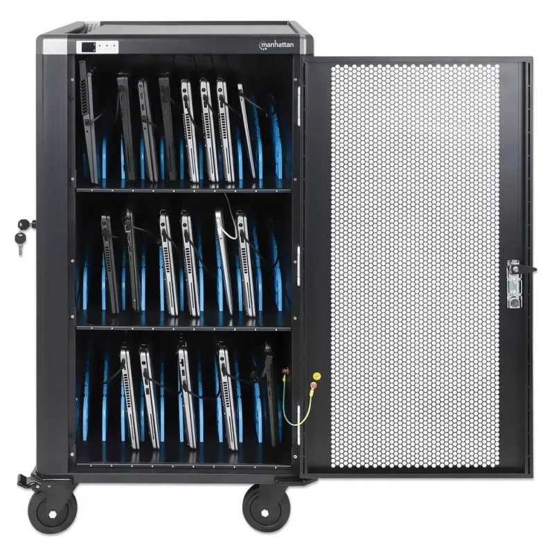 Manhattan 30-Bay Laptop Charging Cart/Trolley via AC Adapter (EU) - Lockable Steel Cabinet, 220-240V, 2300W, CEE 7/7 Plug, 3m Cord, 4 Casters