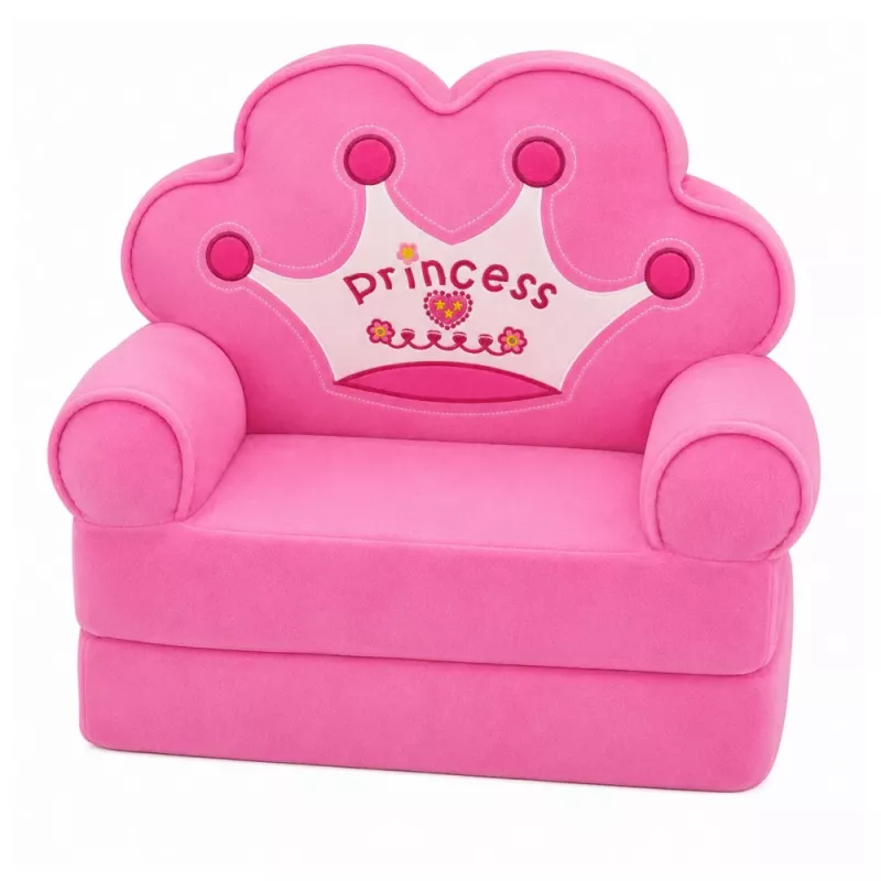 MARKA NIEZDEFINIOWANA 2-in-1 Children's Convertible Armchair Sofa Lounger with Crown Motif, Soft Pink, Oeko-Tex Certified, High-Density Foam, Removable Washable Cover