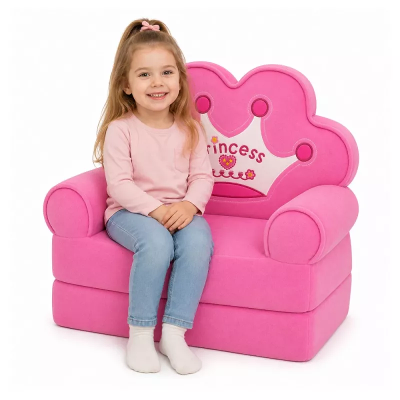 MARKA NIEZDEFINIOWANA 2-in-1 Children's Convertible Armchair Sofa Lounger with Crown Motif, Soft Pink, Oeko-Tex Certified, High-Density Foam, Removable Washable Cover