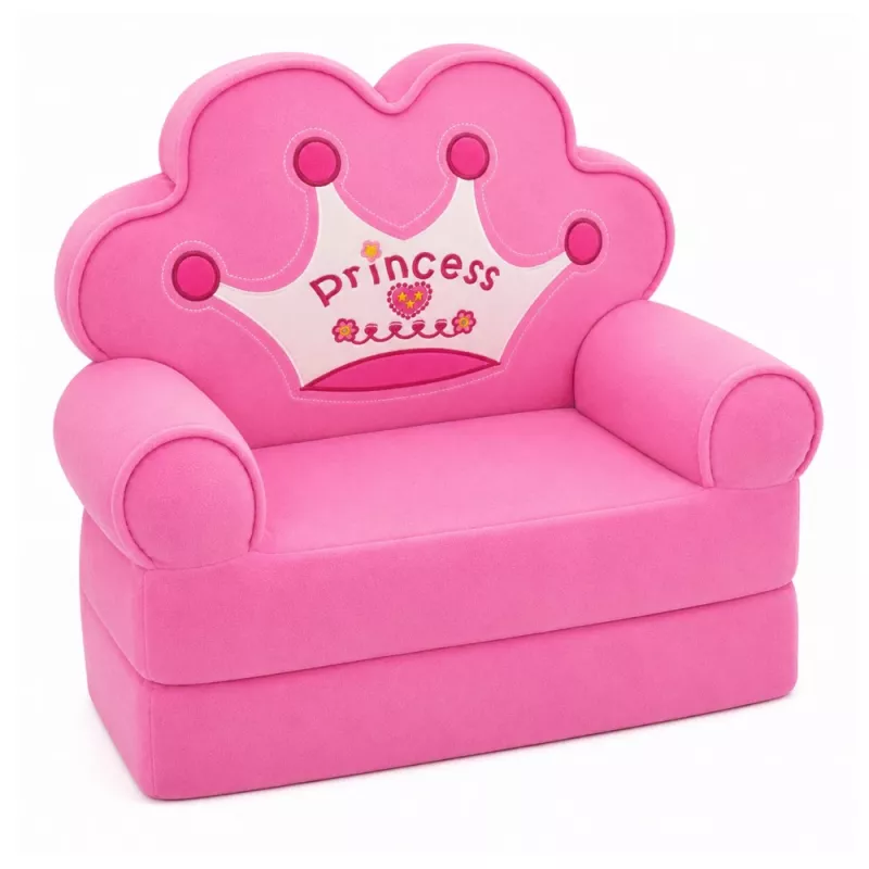 MARKA NIEZDEFINIOWANA 2-in-1 Children's Convertible Armchair Sofa Lounger with Crown Motif, Soft Pink, Oeko-Tex Certified, High-Density Foam, Removable Washable Cover