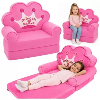 MARKA NIEZDEFINIOWANA 2-in-1 Children's Convertible Armchair Sofa Lounger with Crown Motif, Soft Pink, Oeko-Tex Certified, High-Density Foam, Removable Washable Cover
