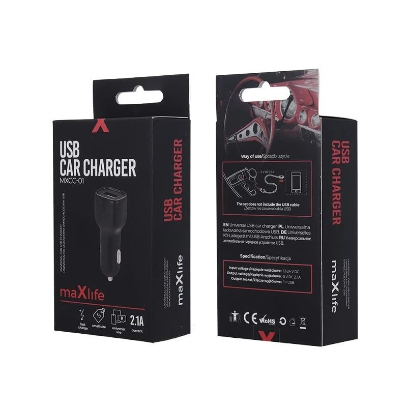 MAXLIFE MXCC-01 Fast Charge 2.1A Car Charger - Black