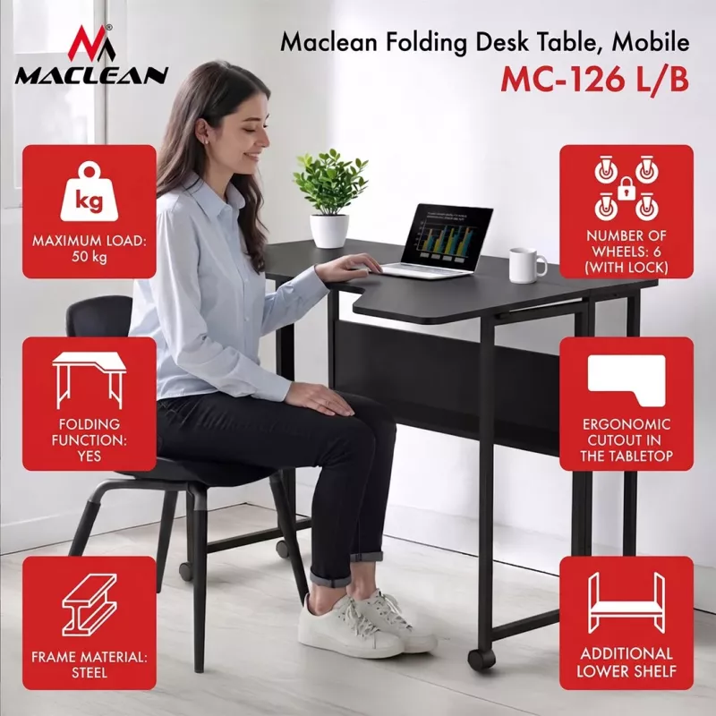 MCN Maclean Folding Desk/Table, Black, Mobile, 100x73 cm, max. 50 kg, Angled, L-Shaped, MC-126 L/B