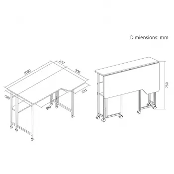 MCN Maclean Folding Desk/Table, Black, Mobile, 100x73 cm, max. 50 kg, Angled, L-Shaped, MC-126 L/B