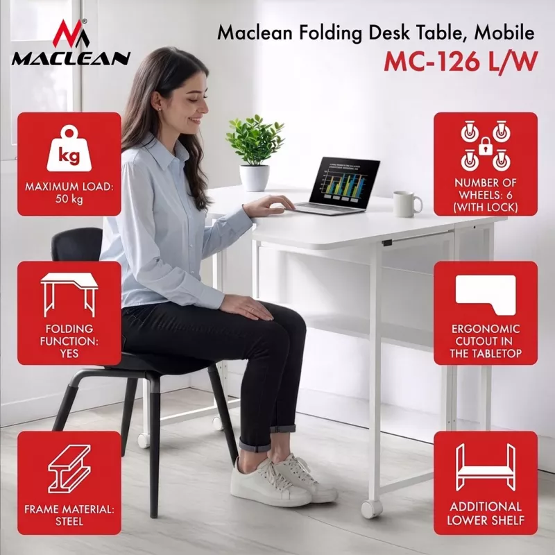 MCN Maclean MC-126 L/W Folding L-Shaped Desk, White, Mobile, 100x73 cm, 50 kg Load