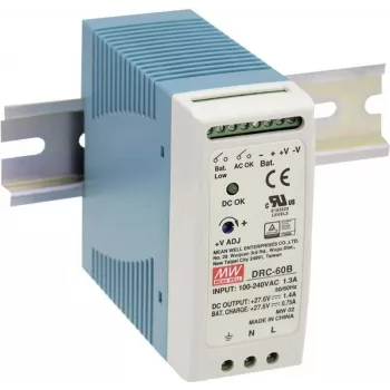 MEAN WELL DRC-100B 96.6W DIN Rail Power Supply with UPS Function and Battery Charger, 24V DC 4A, 90-264V AC Input, Blue/White