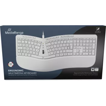 MediaRange MROS272 Ergonomic Wired Keyboard, Split Design, 124 Keys, Integrated Scroll Wheel, White