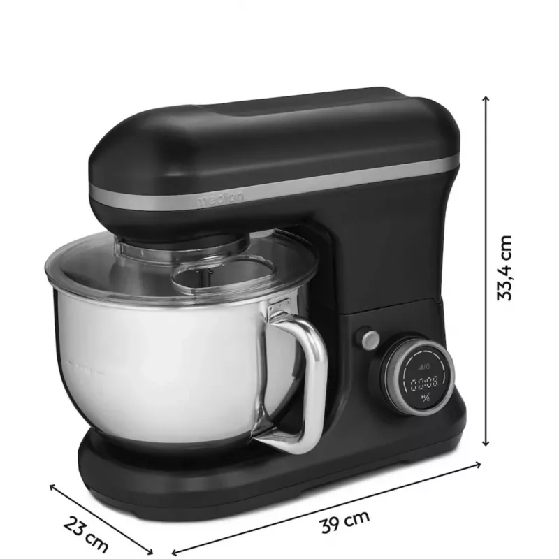 MEDION LIFE MD18420g Digital Kitchen Machine 500W Motor, 1000W Heating, 2.2L Bowl, 10 Speeds + Turbo, LCD Display, Stainless Steel, Black