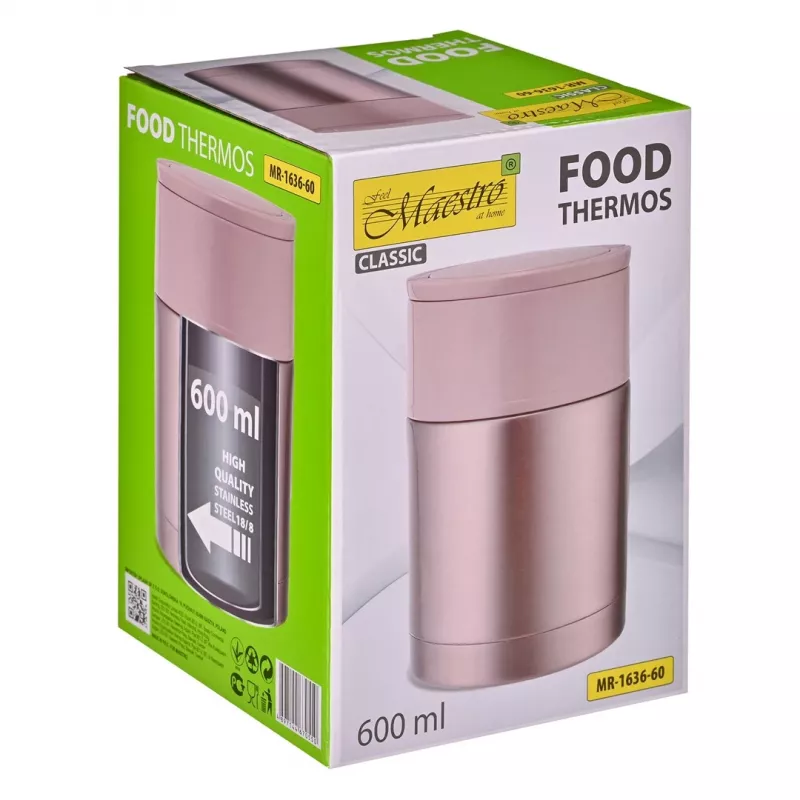 MEO MAESTRO MR-1636-60 600 ml Double-Wall Vacuum Insulated Stainless Steel Food Thermos with 2 Containers and Folding Spoon