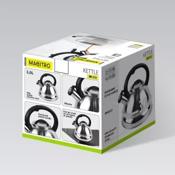 MEO MR-1313 MAESTRO 3.0L Stainless Steel Whistling Stovetop Kettle, Induction Safe, Silver with Black Accents