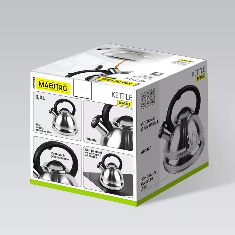 MEO MR-1313 MAESTRO 3.0L Stainless Steel Whistling Stovetop Kettle, Induction Safe, Silver with Black Accents