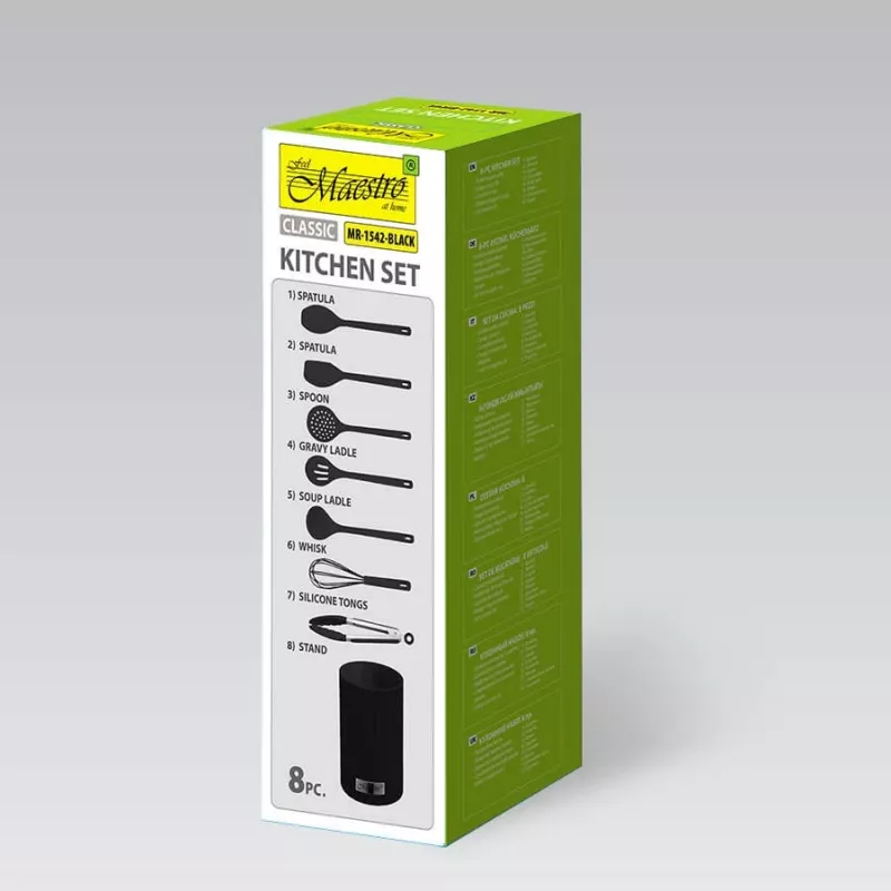 MEO MR-1542-BLACK MAESTRO 8-Piece Kitchen Utensil Set with Rotating Stainless Steel Stand, Black Nylon Heads