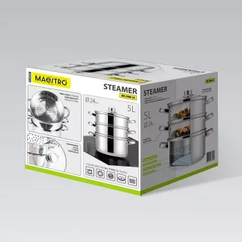MEO MR-2900-24 MAESTRO Cooking Pot 24 cm 5.0 L Stainless Steel with Glass Lid, Induction Compatible