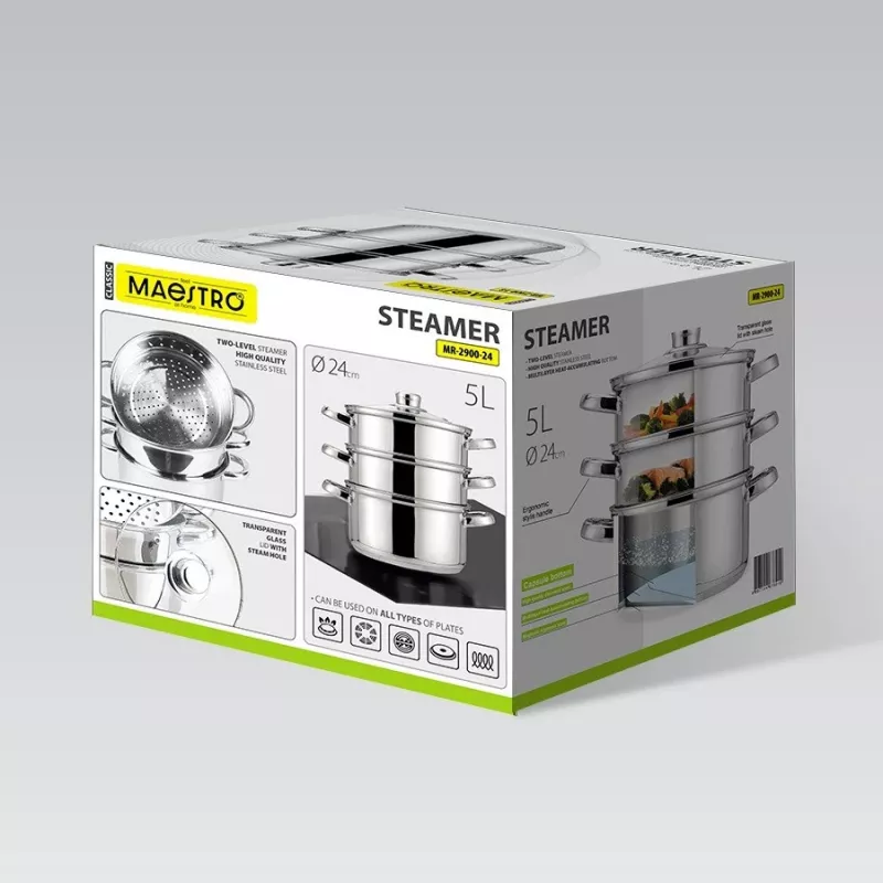 MEO MR-2900-24 MAESTRO Cooking Pot 24 cm 5.0 L Stainless Steel with Glass Lid, Induction Compatible