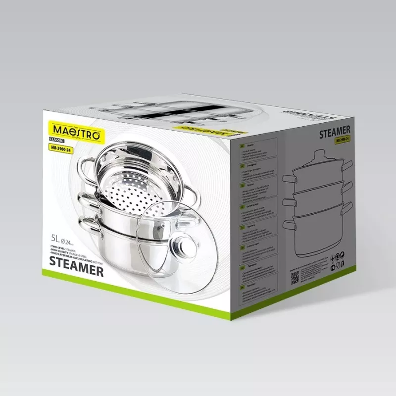 MEO MR-2900-24 MAESTRO Cooking Pot 24 cm 5.0 L Stainless Steel with Glass Lid, Induction Compatible