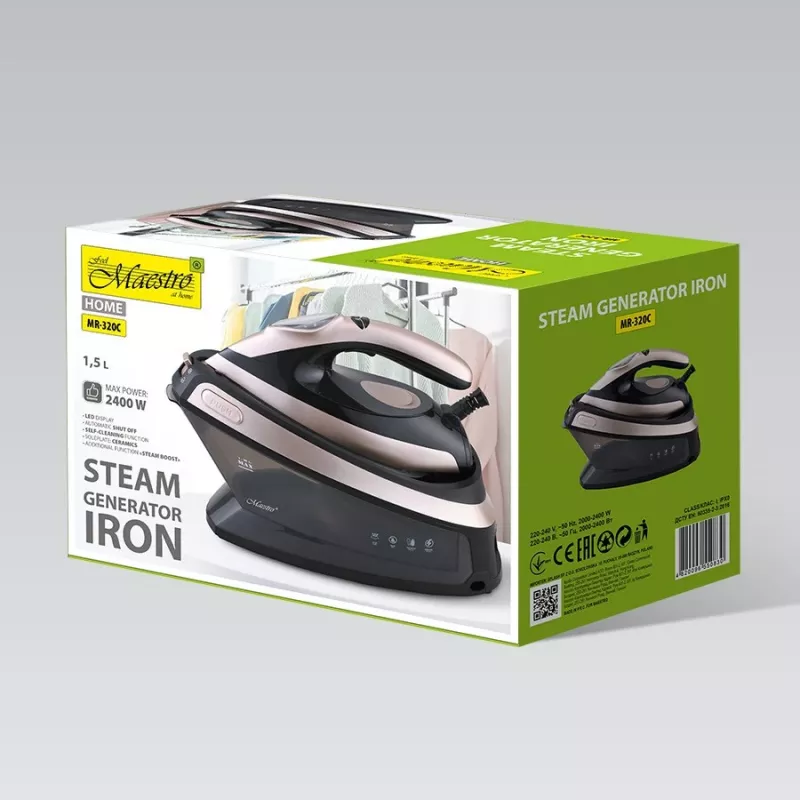 MEO MR-320C Maestro 2400W Steam Generator Iron with Ceramic Soleplate, 3.5 bar Pressure, 120 g/min Steam Boost, 1.2L Tank